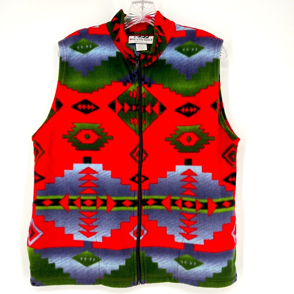 Back In The Saddle Aztec Print Fleece Vest Coastal Cowgirl Fleece Zip SZ Medium
